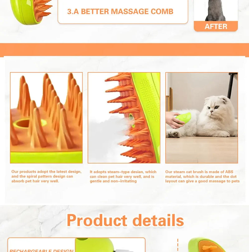 Escova a vapor para cão e gato para massagem elétrico Recarregável