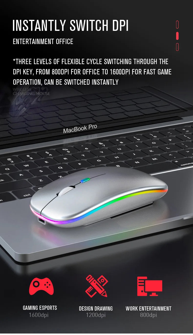 Mouse Sem Fio Recarregavel com LED Luminoso Bluetooth 2.4G