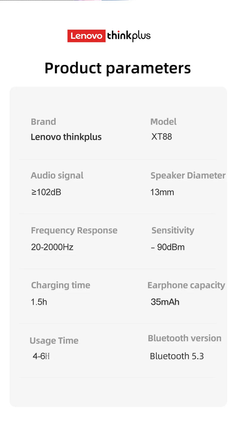 Fones de Ouvido Bluetooth 5.3 Lenovo-XT88 com Microfone Duplo