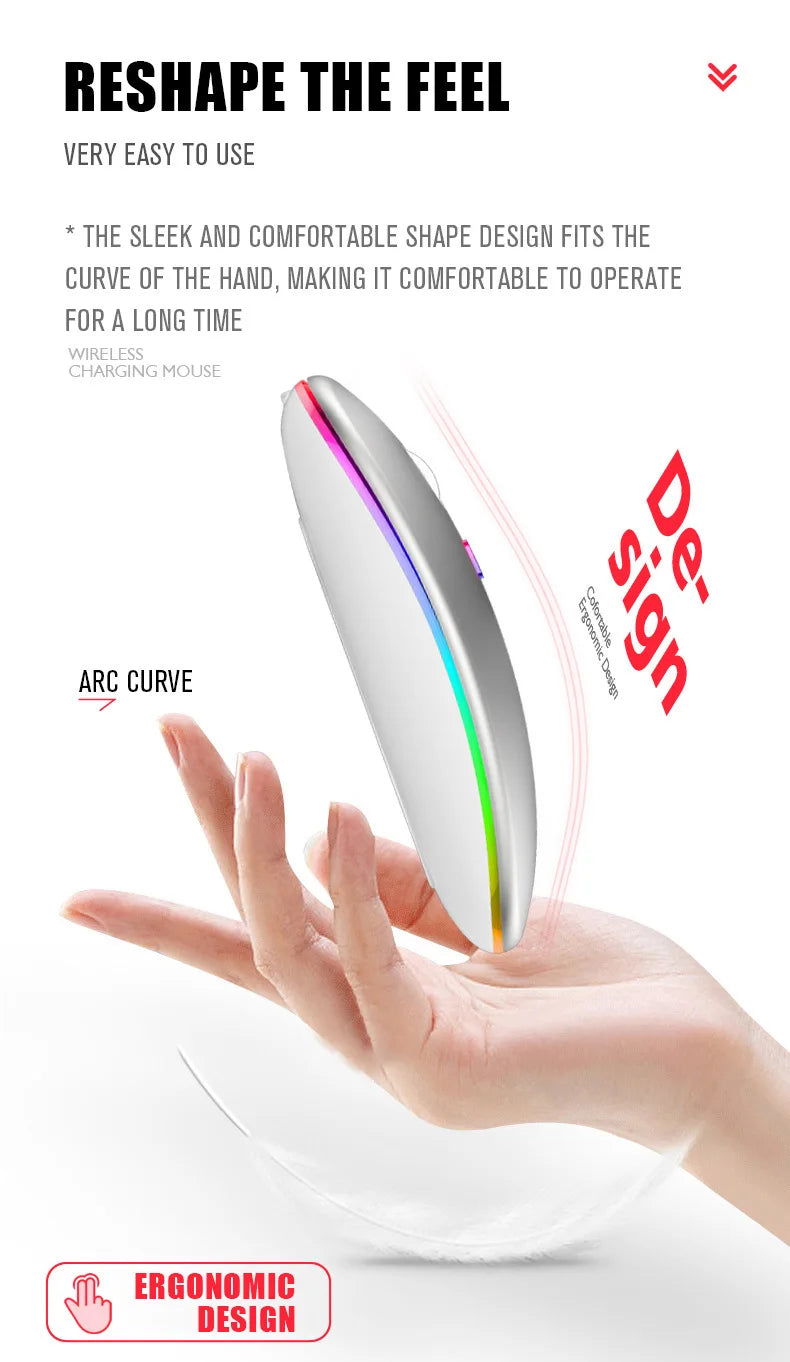 Mouse Sem Fio Recarregavel com LED Luminoso Bluetooth 2.4G