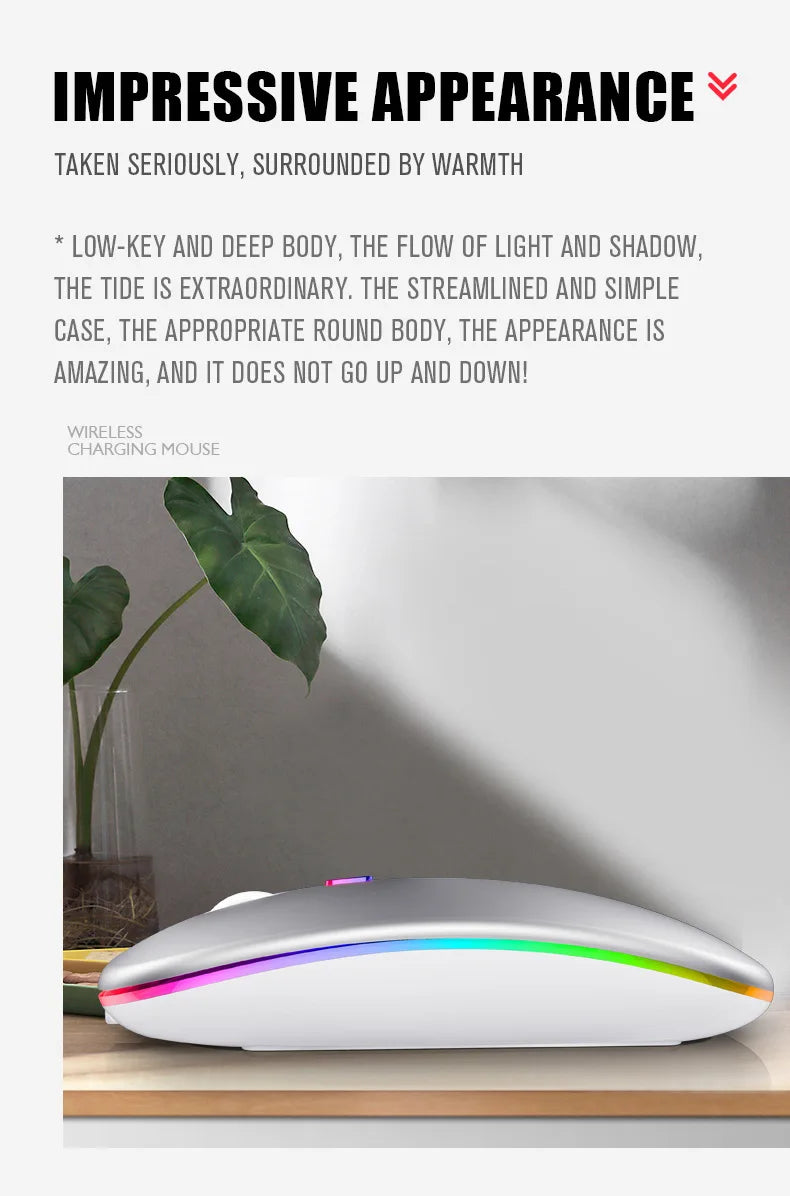 Mouse Sem Fio Recarregavel com LED Luminoso Bluetooth 2.4G