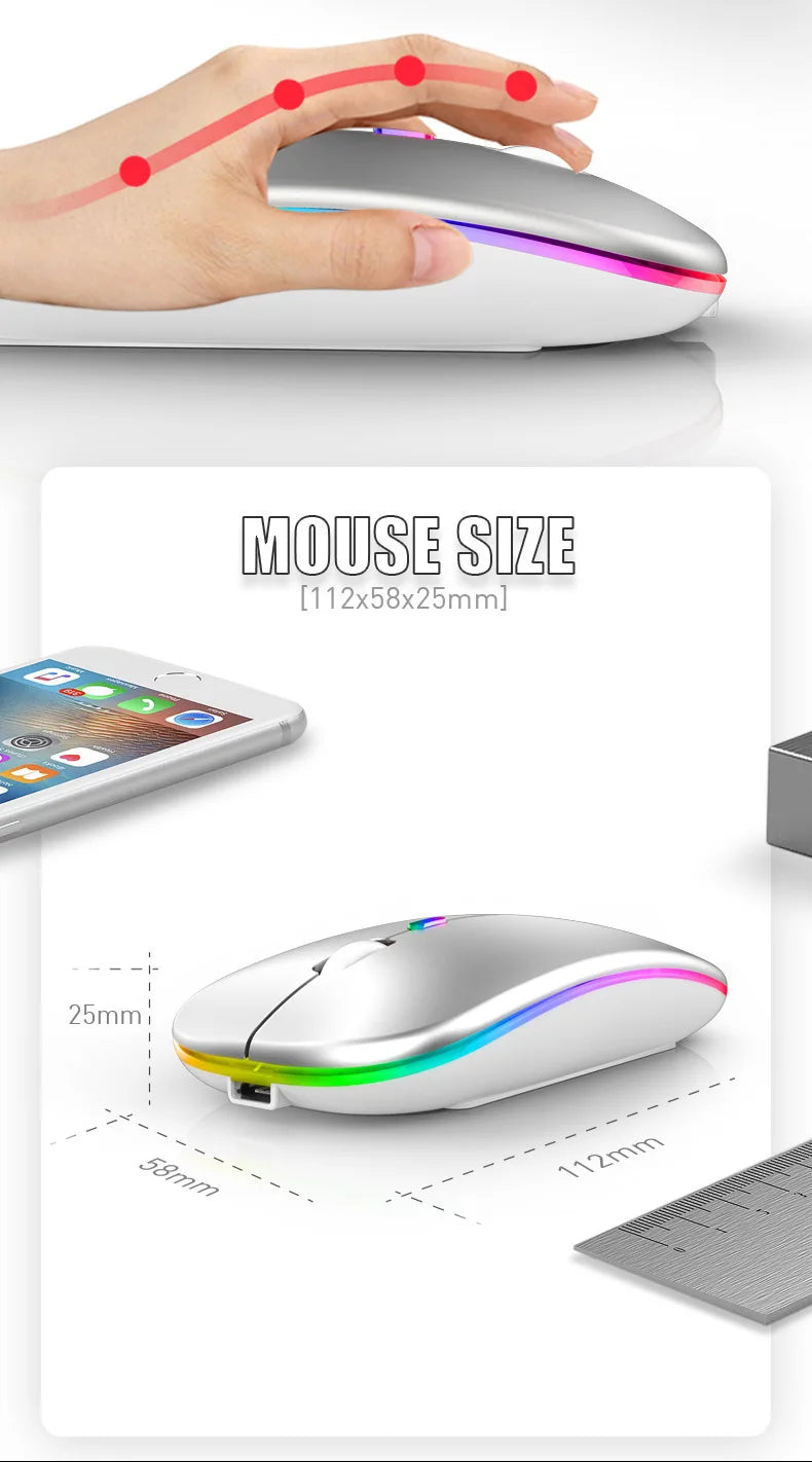 Mouse Sem Fio Recarregavel com LED Luminoso Bluetooth 2.4G