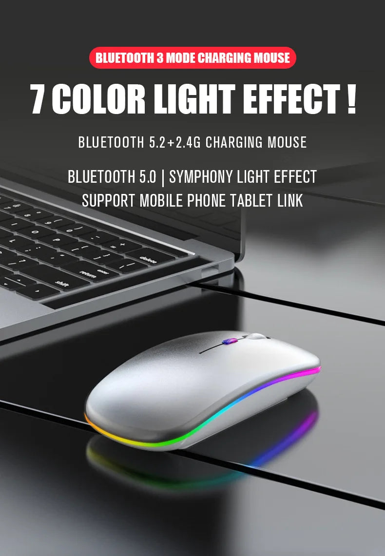 Mouse Sem Fio Recarregavel com LED Luminoso Bluetooth 2.4G